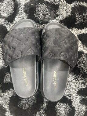 Louis Black Monogram Embossed Black Slide Sandals